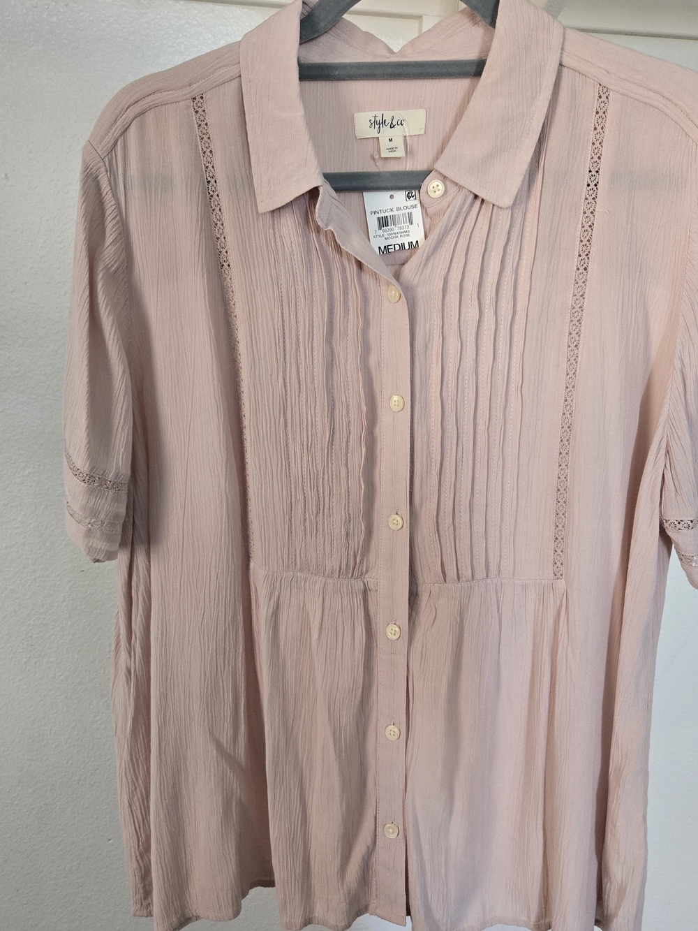 Style & Co. Blush Pink Pintuck Button-Front Blouse
